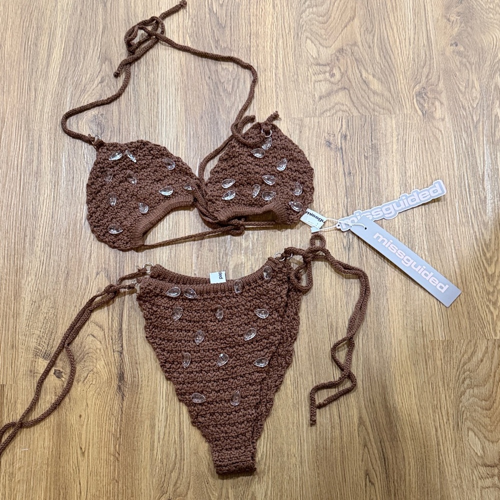 Missguided Brown Crochet Bikini with Shell Details